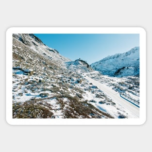 Swiss Alps - Cars on Flüelapass Mountain Pass Road on Sunny Winter Day. Sticker